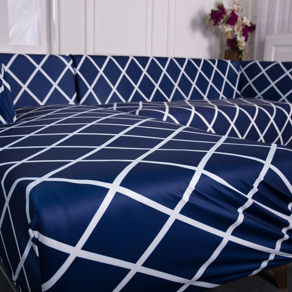 L-Shape Sofa Cover - Navy Blue checks